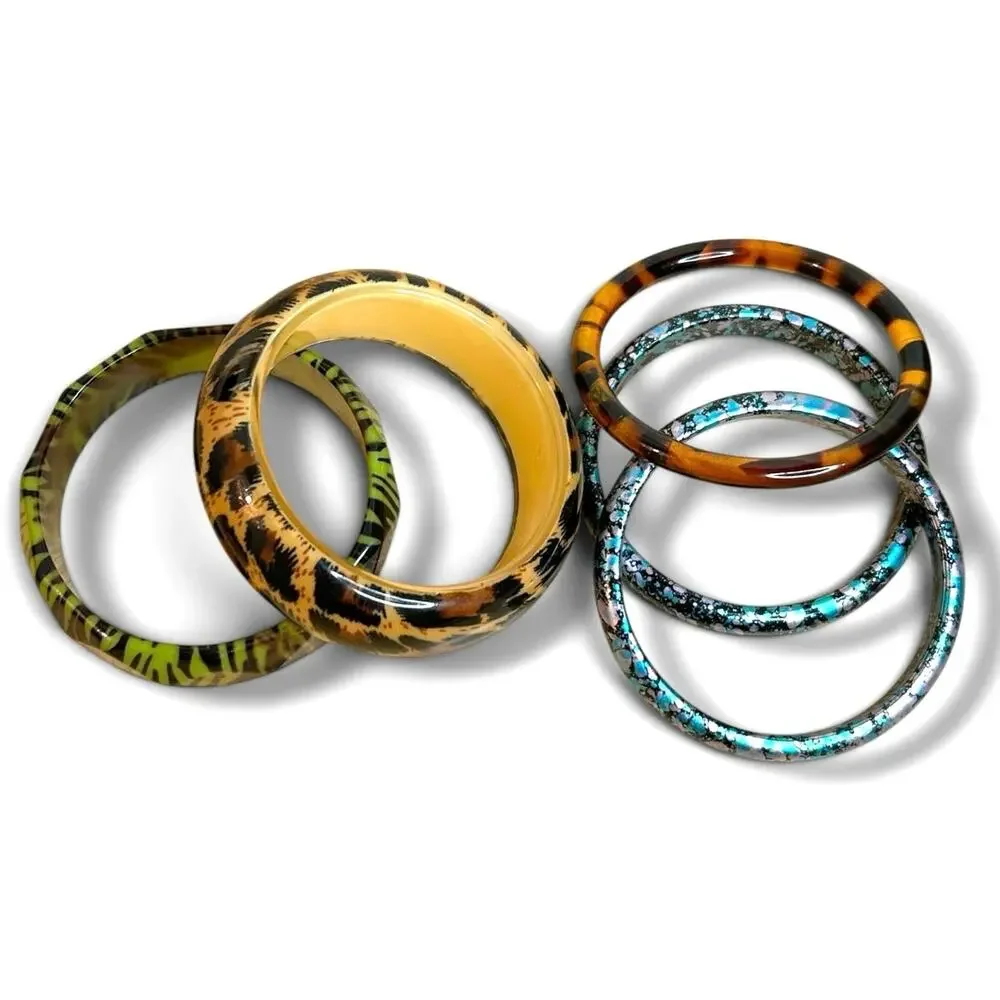 Chunky Acrylic Bangle Stack Multi Color Safari Animal Print Splatter Bracelets
